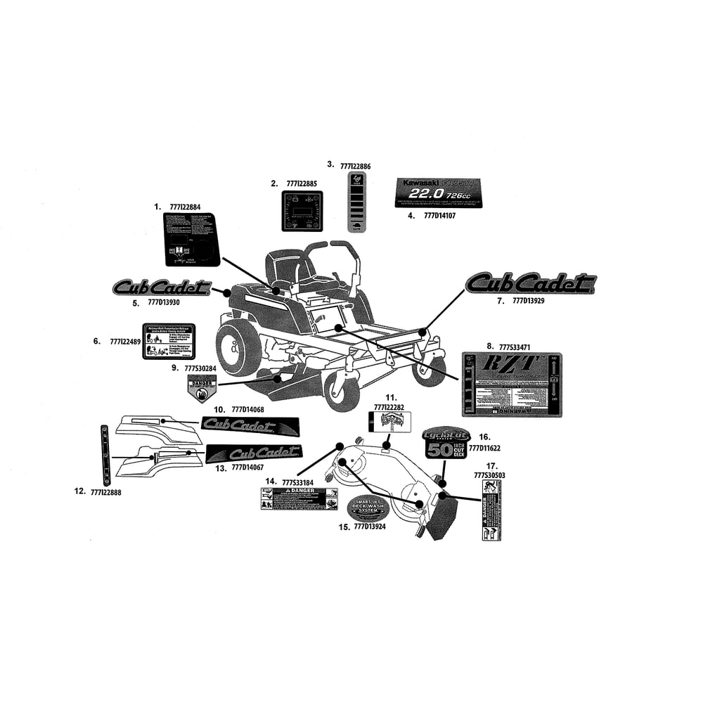 Decals Diagram and Parts List for 17WI2ACP056  Cub Cadet Lawn Tractor